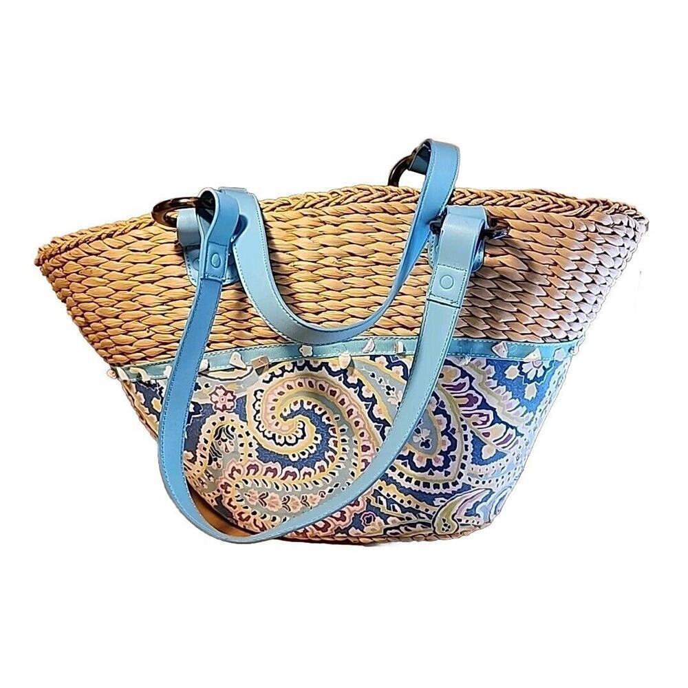 Vera Bradley XLARGE Capri Blue Woven Straw Beach Tote Bag W Sea Shells - Picture 1 of 8